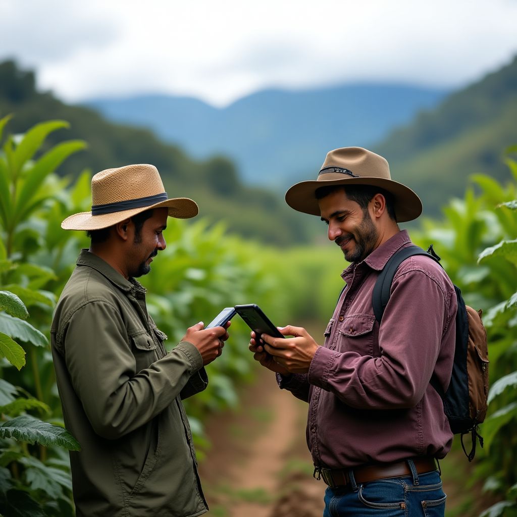 Agricultores ecuatorianos utilizando tecnología para monitorear cultivos de cacao